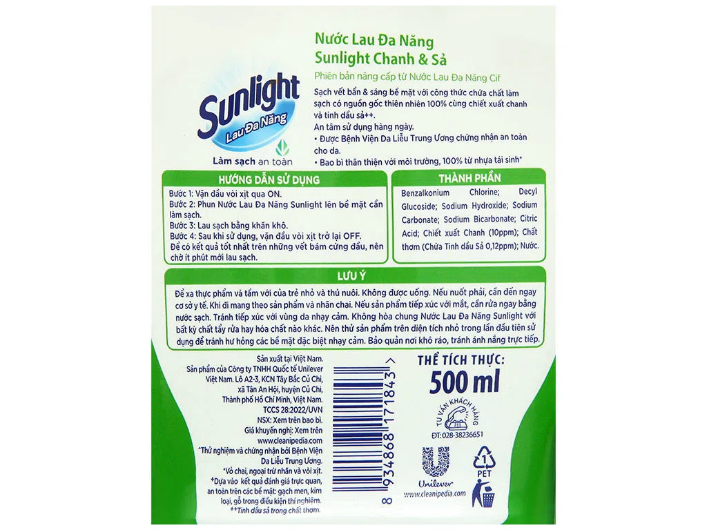 Nước lau đa năng Sunlight hương chanh sả chai 500ml
