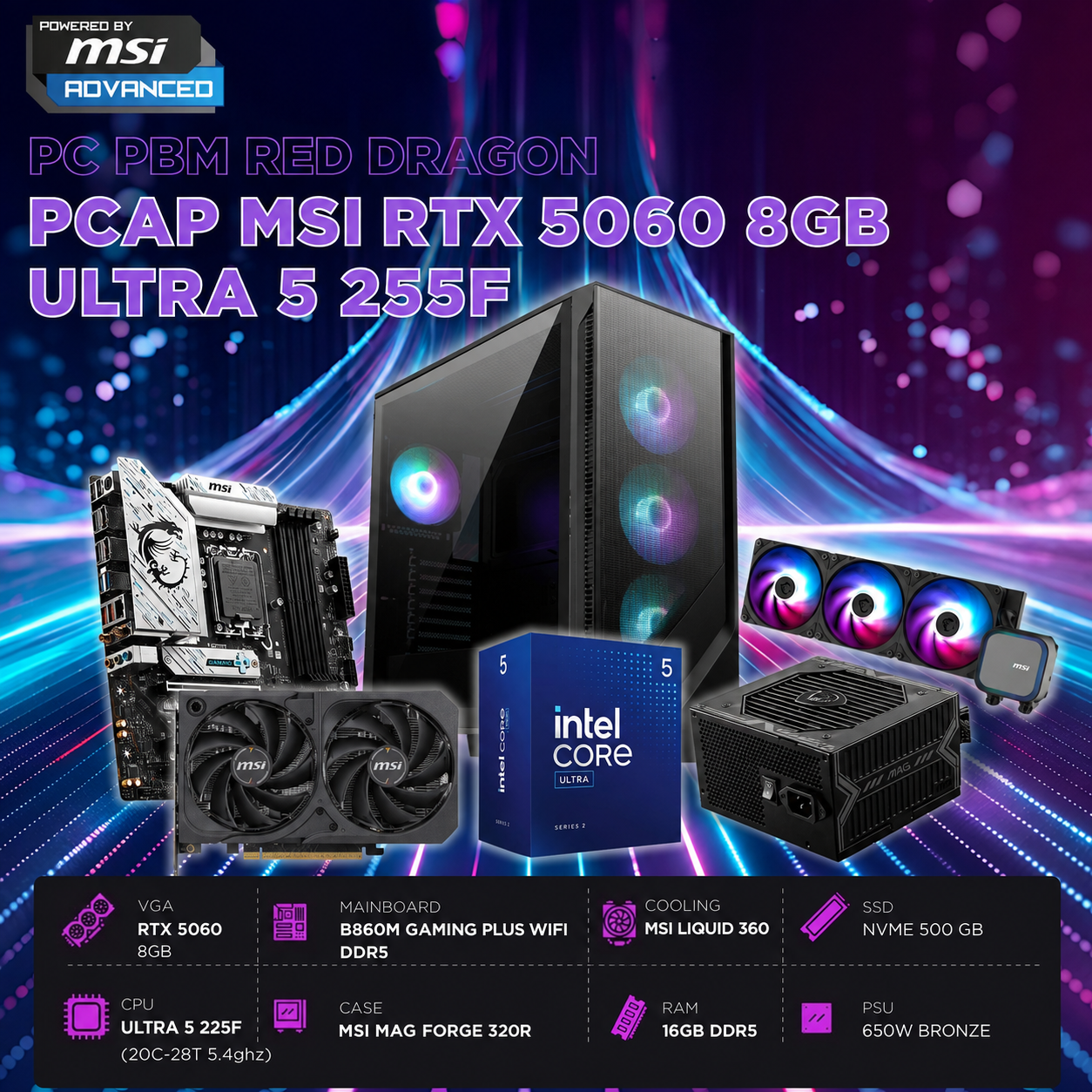 PCAP MSI RTX 5050 8GB RED DRAGON (Thông số: i5 12400F - 16GB RAM - 500GB SSD) POWERED BY MSI KMLCD