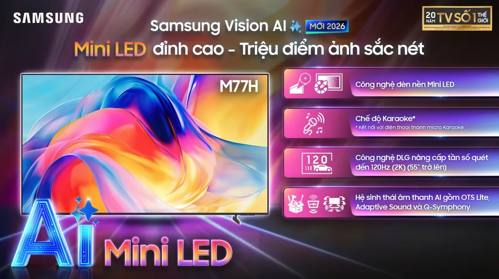 Smart Tivi MiniLED Samsung Vision AI 4K 65 inch UA65M77HAKXXV Đen
