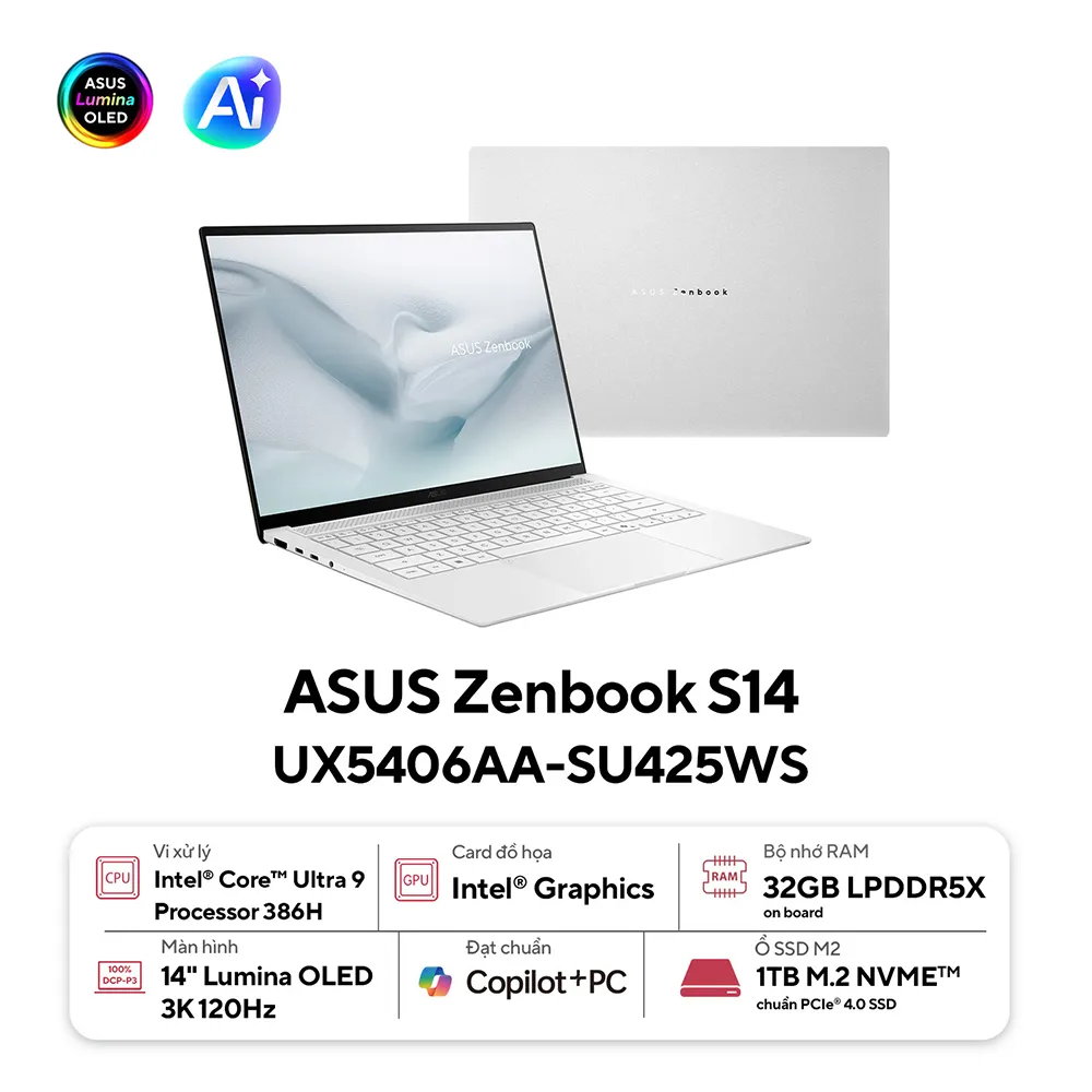 Laptop ASUS Zenbook S 14 UX5406AA-SU425WS (Intel Core Ultra 9 Processor 386H/14 inch 3K OLED/32GB/1TB/Win 11/Office)