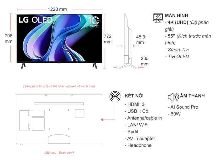 Smart Tivi OLED LG 4K 55 inch OLED55A3PSA Đen